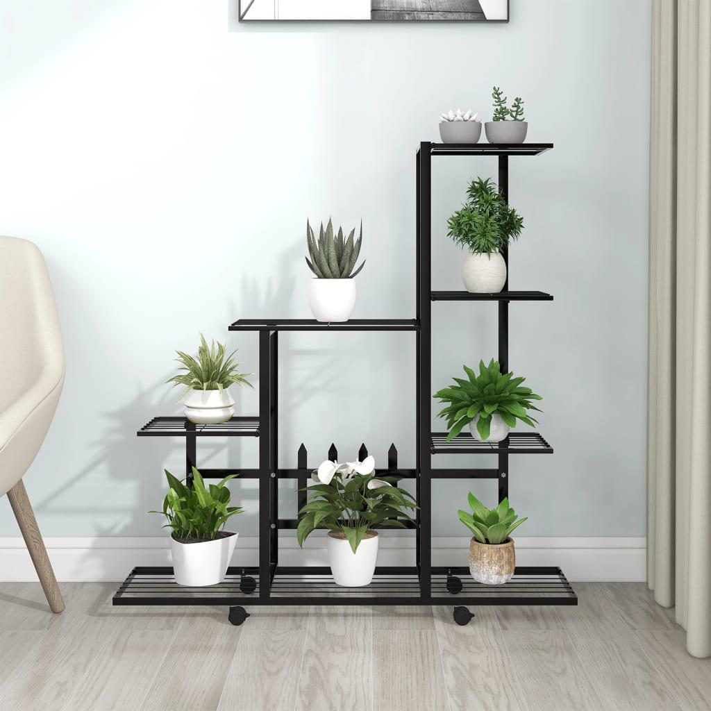Black Metal Flower Indoor Plant Stand with Wheels - 94.5x25x92.5 cm